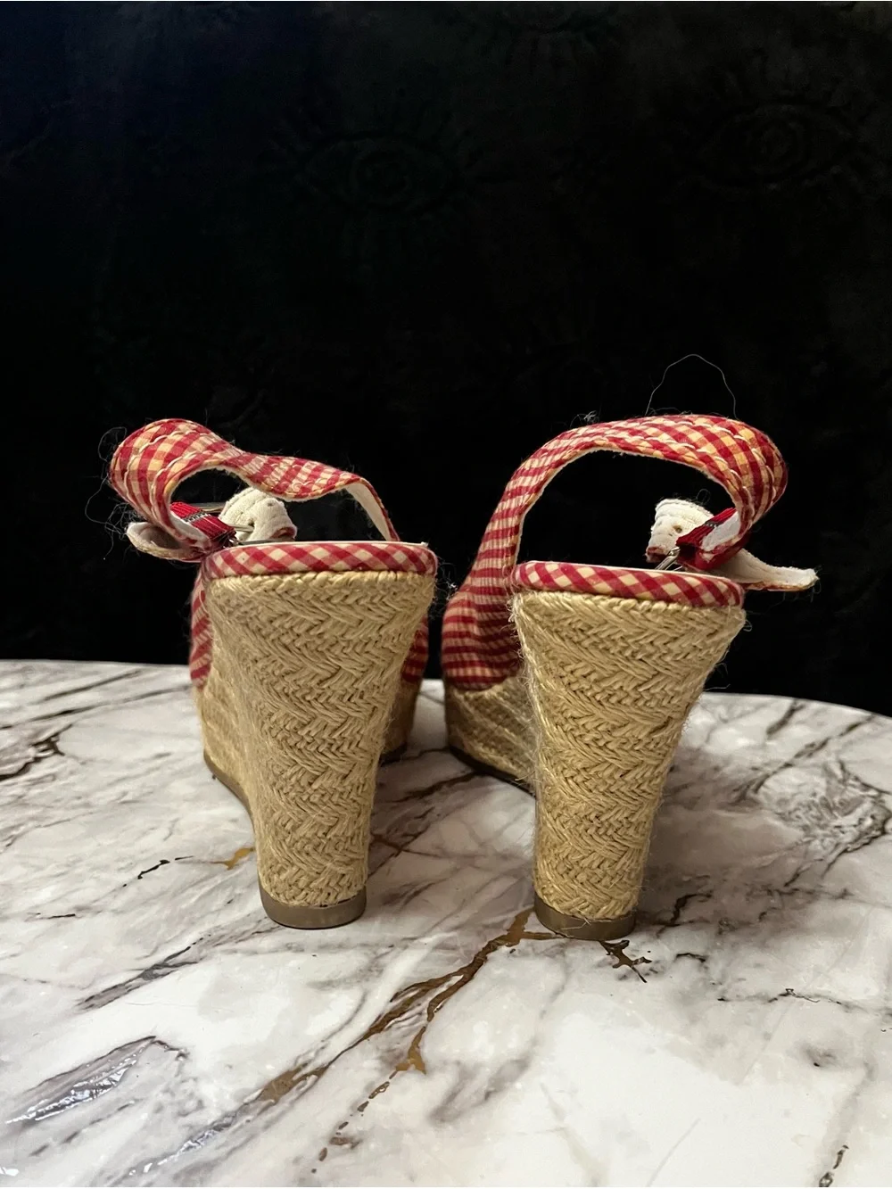 American Eagle Outfitters Red Gingham Espadrille Wedge Sandals